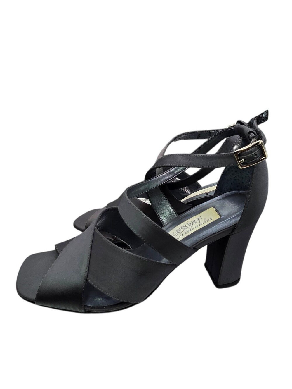 Lord Taylor Romona Charcoal Satin Strappy Block Heel Sandals Size 8.5 M